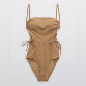 Aerie Swimsuit Pique Lace Up Bandeau One Piece Tan Neutral L Large New